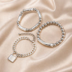 White Gold Beaded Punk Lock Bracelet Set