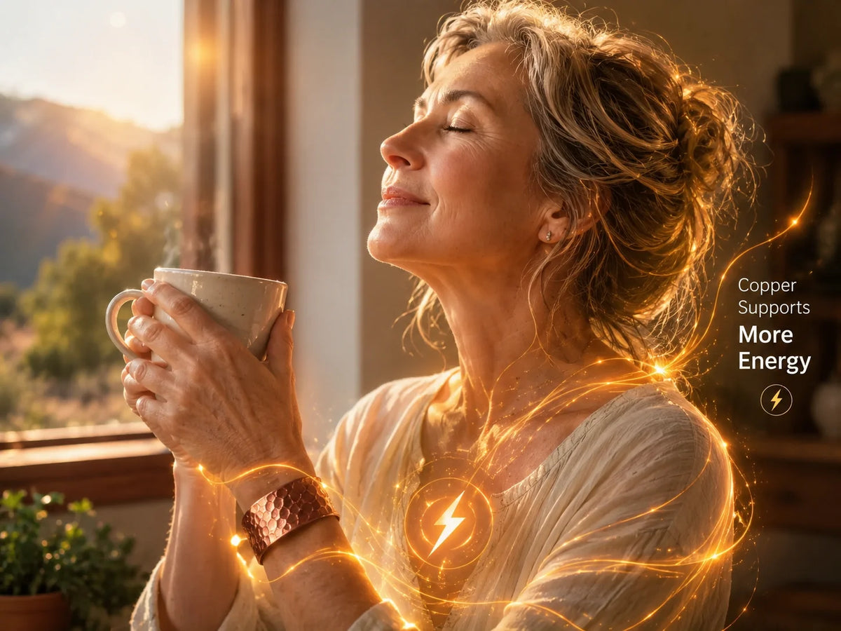 Woman wearing copper jewelry, relaxed morning moment