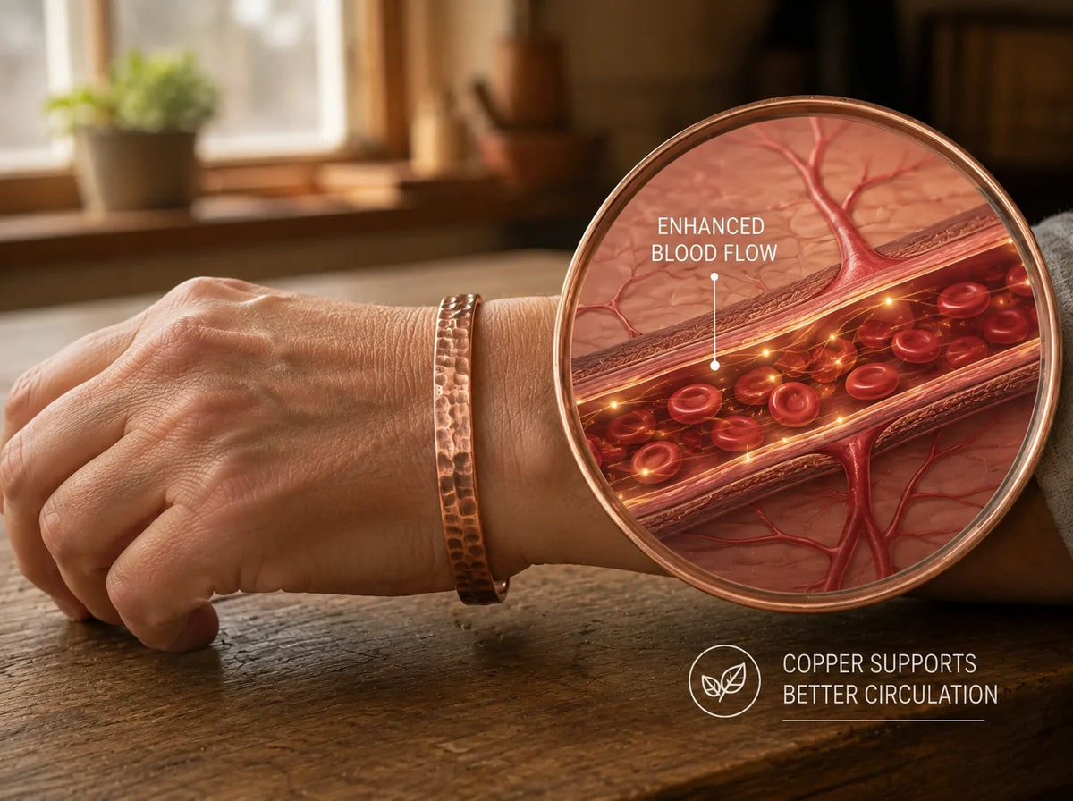 Copper bracelet on wrist, detail shot