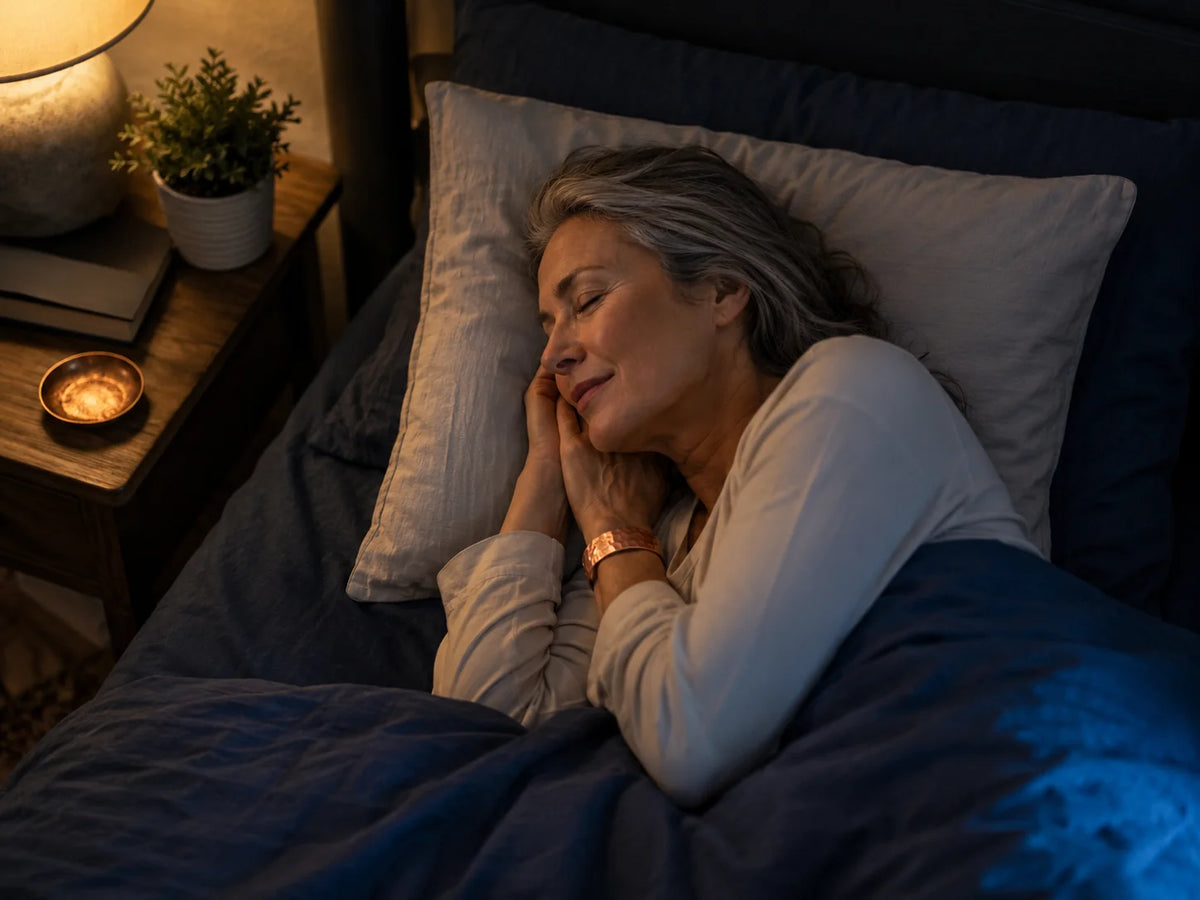Woman resting in bed wearing copper bracelet