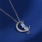 Crescent Moon and Cat Moonstone Necklace